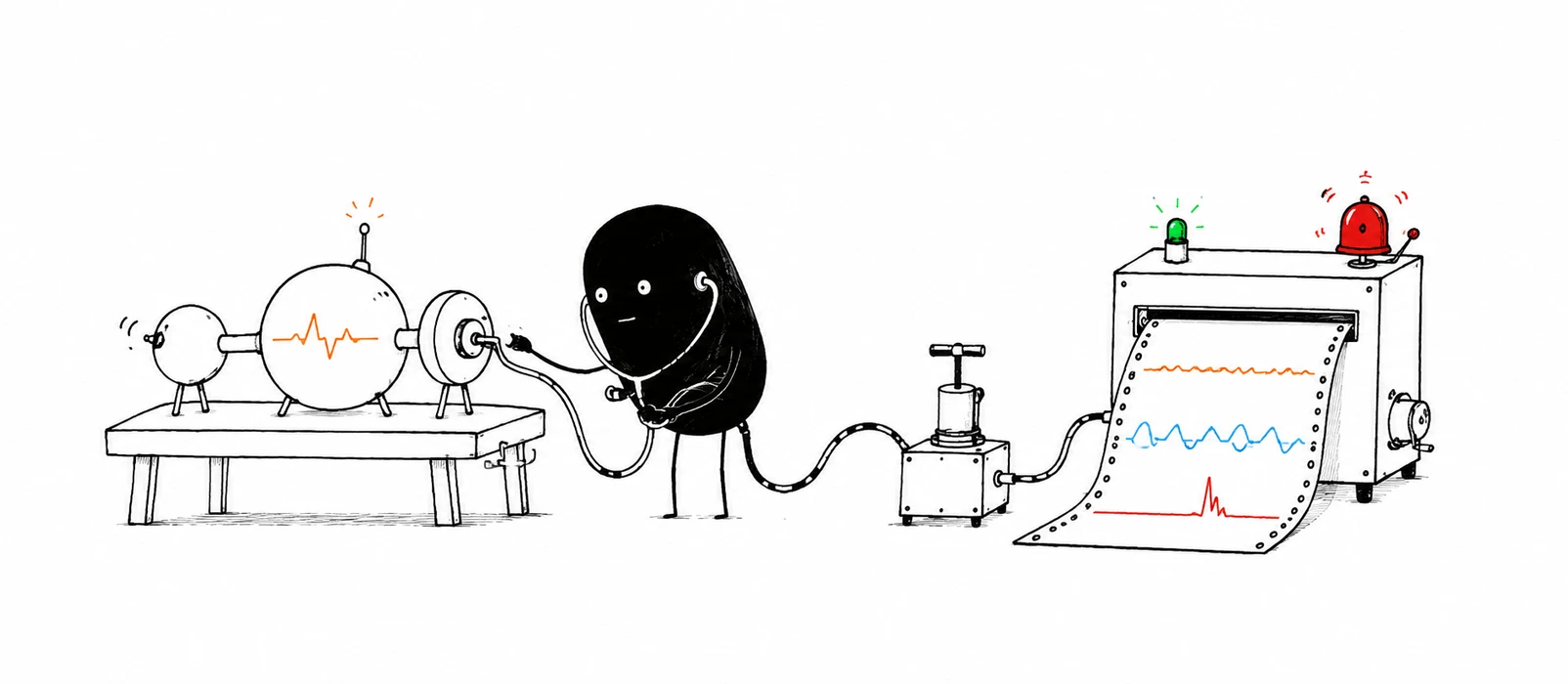 A hand-drawn black creature using a stethoscope to monitor an automation machine and its metric charts